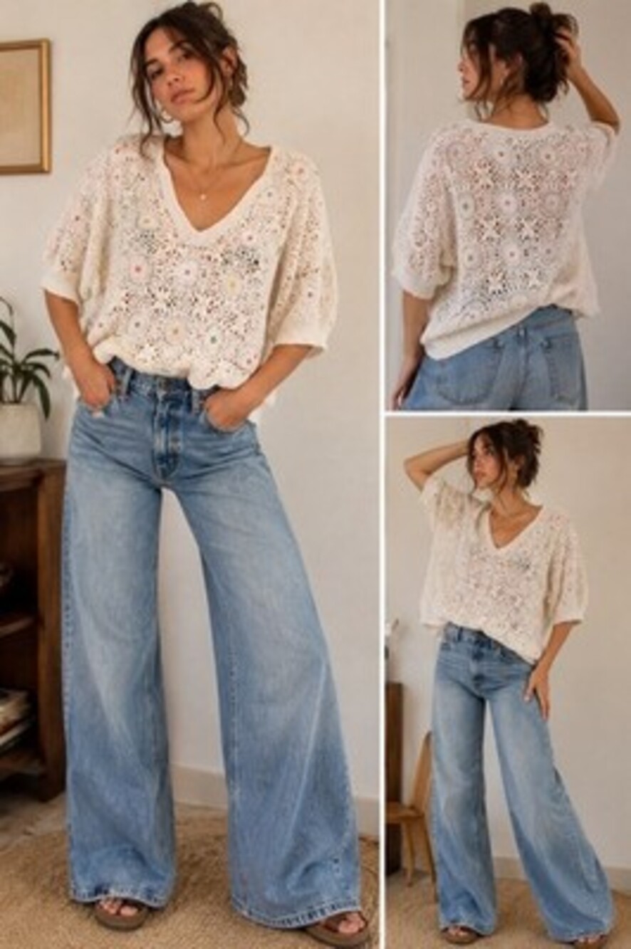 Vintage Hand Crochet Sweater Boho Cottagecore Coastal Grandma Cotton XL
